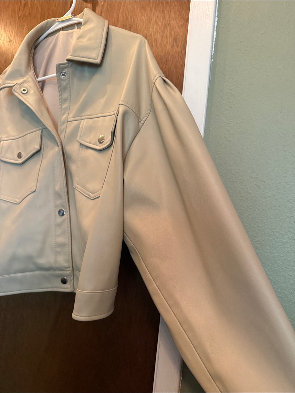 T Tahari Cream Faux Leather Button-Front Jean Jacket - Picture 3 of 7